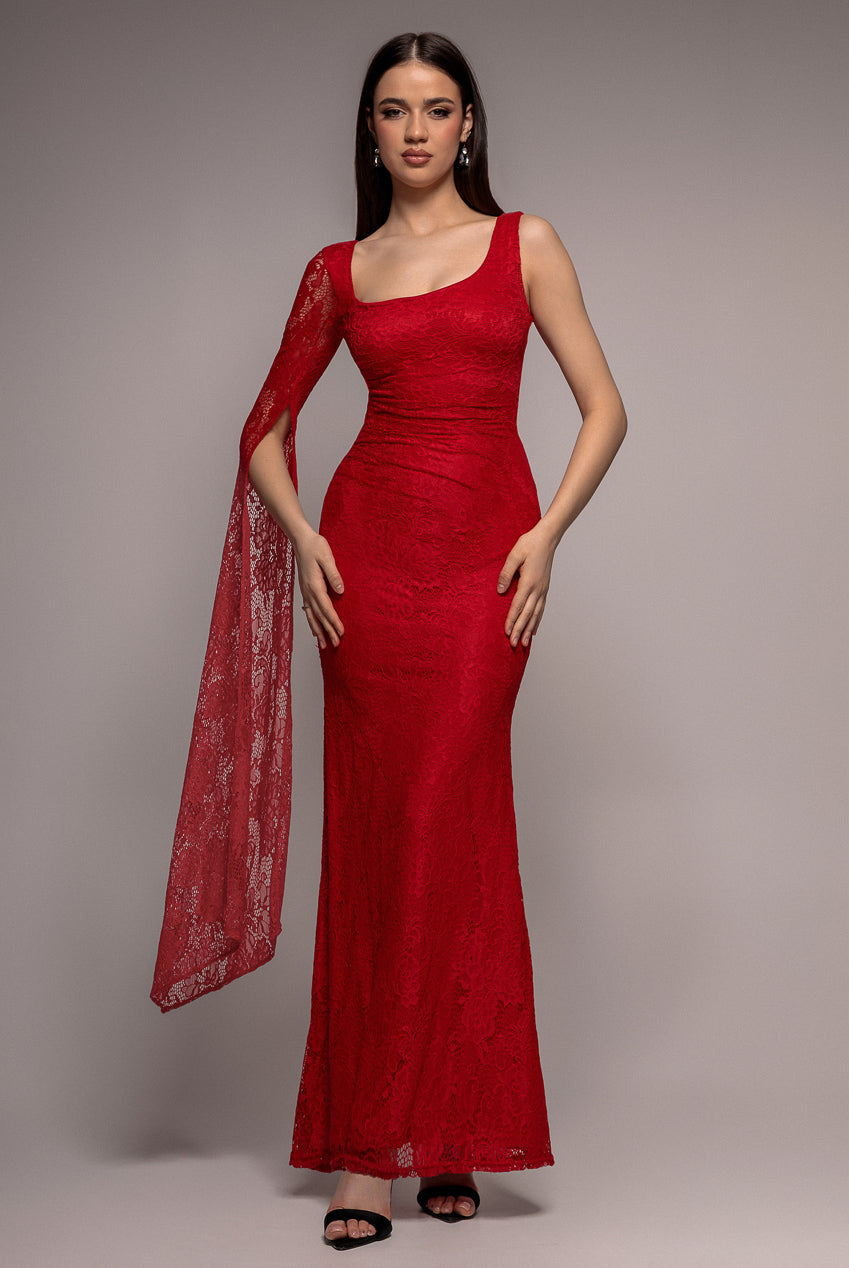 Goddiva ONE SHOULDER CAPE SLEEVE PLEATED LACE MAXI DRESS BY GODDIVA