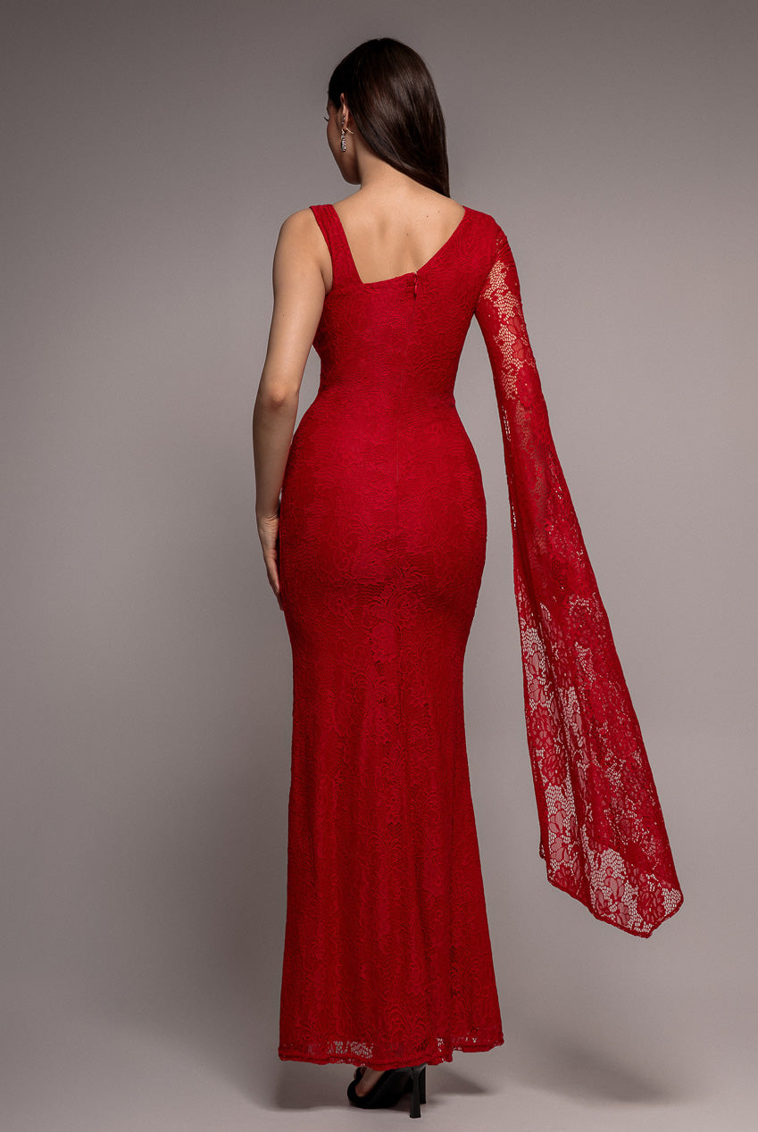 Goddiva ONE SHOULDER CAPE SLEEVE PLEATED LACE MAXI DRESS BY GODDIVA