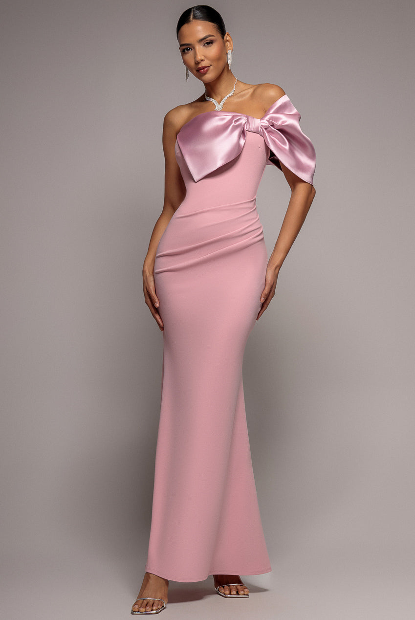 Goddiva Off The Shoulder Satin Bow Neck Maxi Dress
