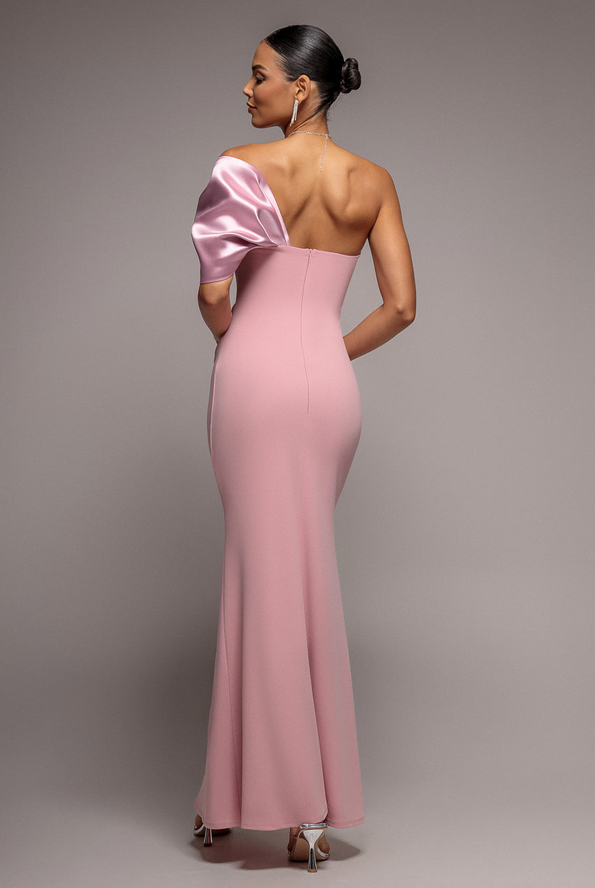 Goddiva Off The Shoulder Satin Bow Neck Maxi Dress