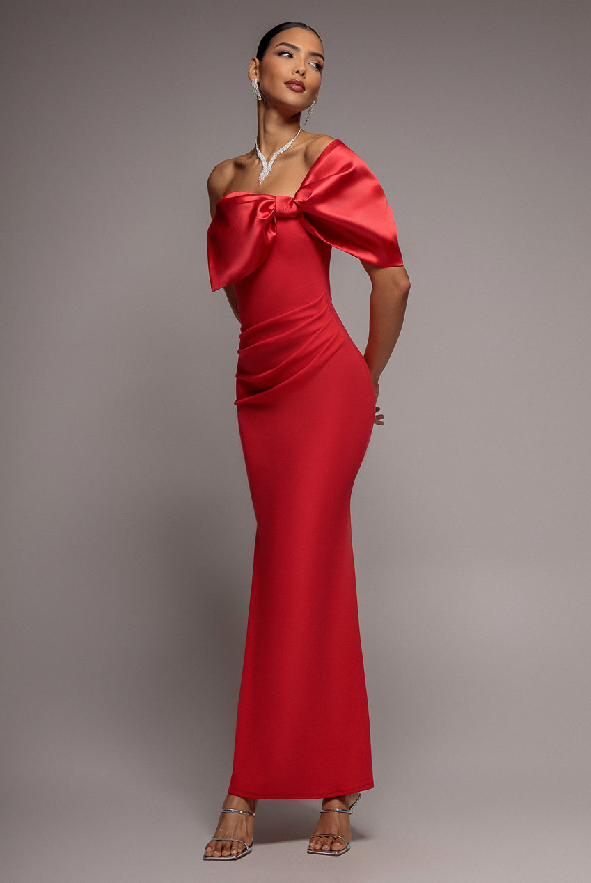 Goddiva Off The Shoulder Satin Bow Neck Maxi Dress