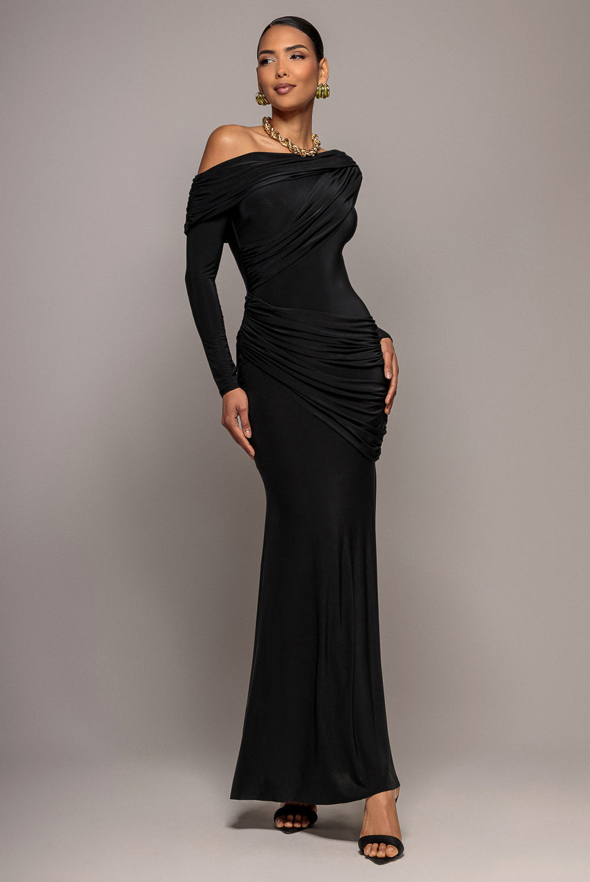 Goddiva OFF SHOULDER GATHERED PANEL SOFT TOUCH MAXI DRESS BY GODDIVA