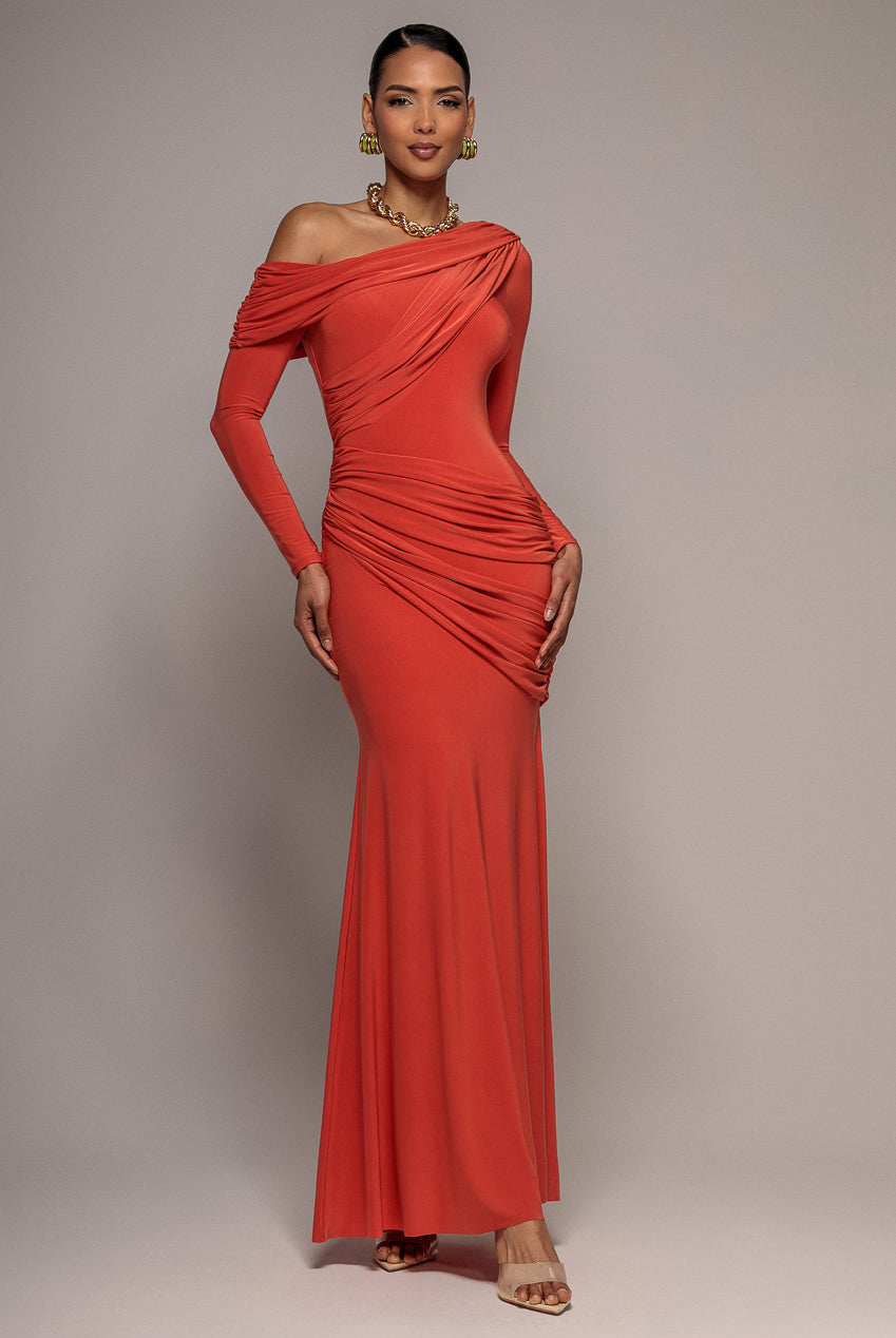 Goddiva OFF SHOULDER GATHERED PANEL SOFT TOUCH MAXI DRESS BY GODDIVA