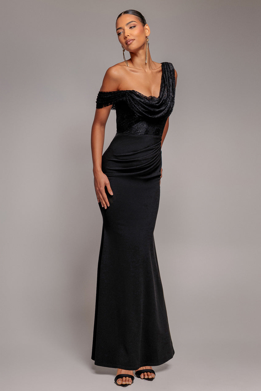 Goddiva LACE COWL ONE SHOULDER SCUBA CREPE MAXI DRESS BY GODDIVA