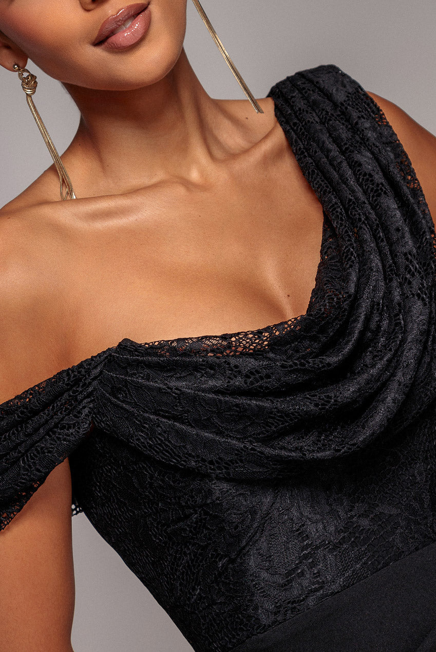 Goddiva LACE COWL ONE SHOULDER SCUBA CREPE MAXI DRESS BY GODDIVA