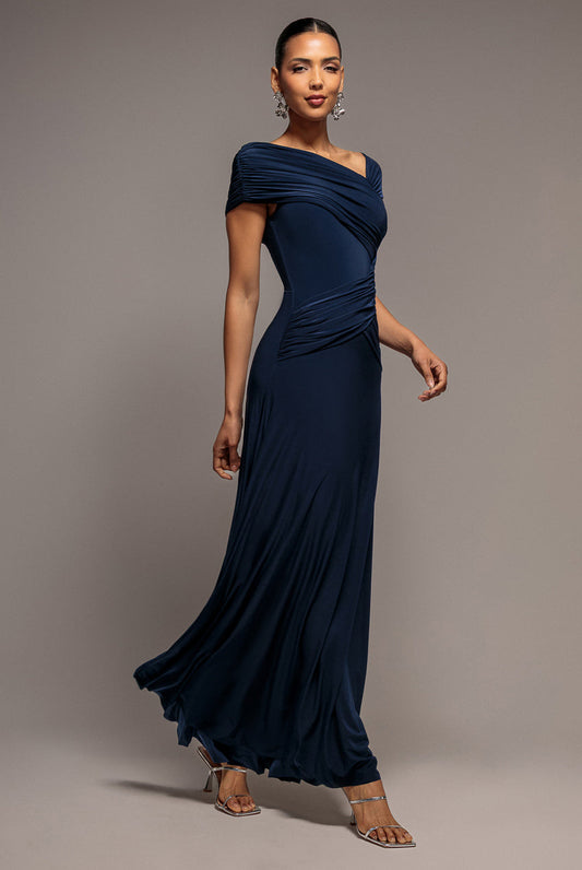 Goddiva ASYMMETRIC NECK GATHERED WAIST MAXI DRESS BY GODDIVA