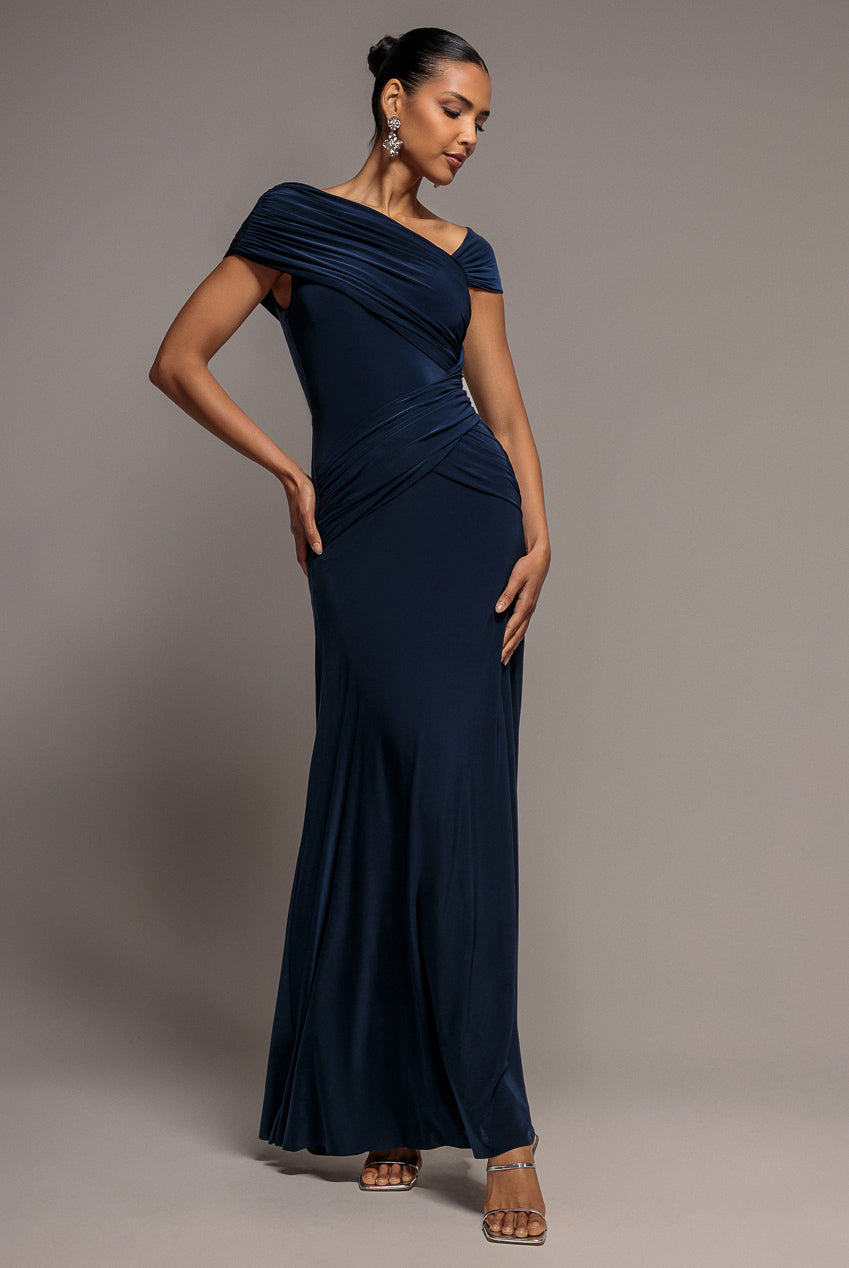 Goddiva ASYMMETRIC NECK GATHERED WAIST MAXI DRESS BY GODDIVA
