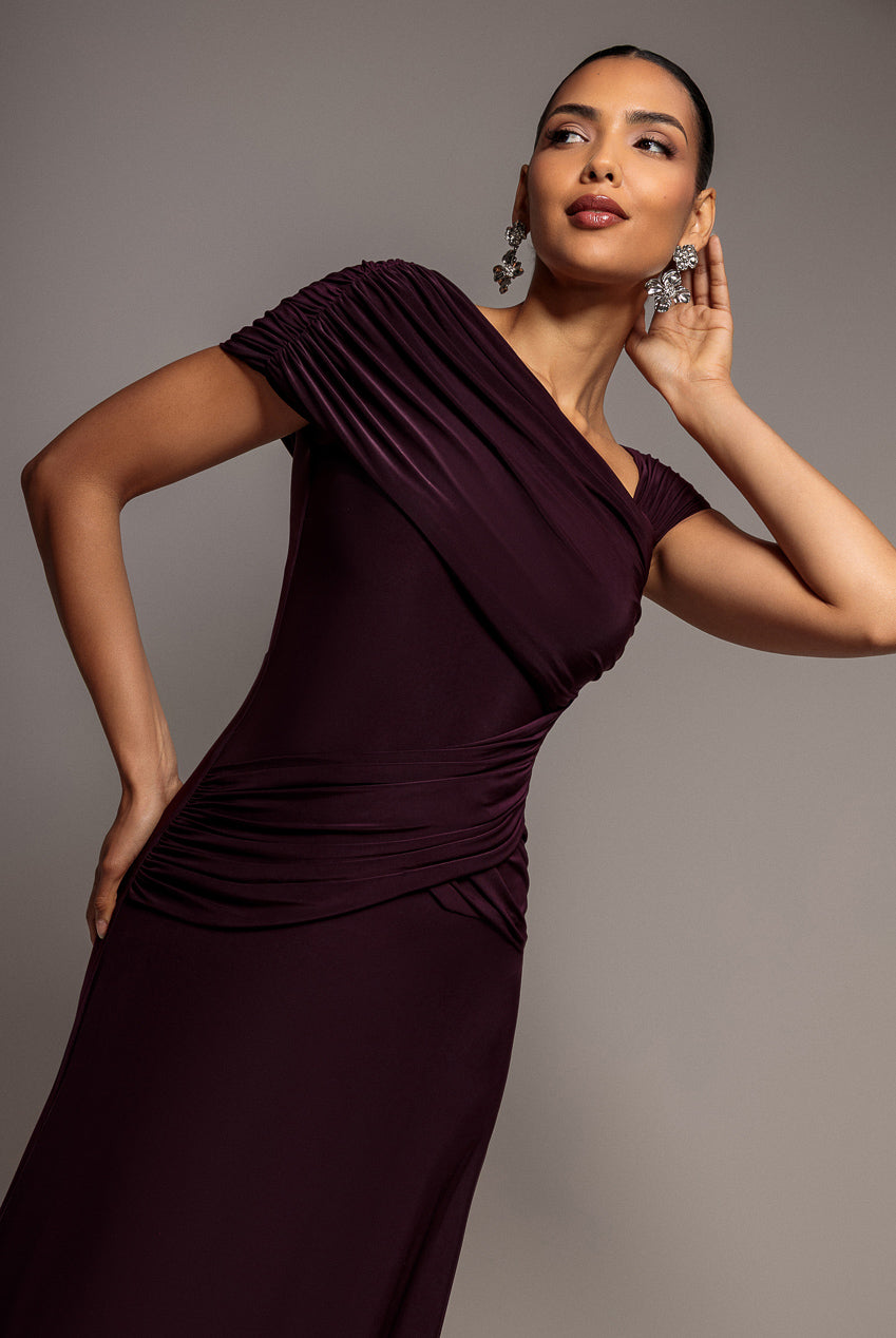 Goddiva ASYMMETRIC NECK GATHERED WAIST MAXI DRESS BY GODDIVA