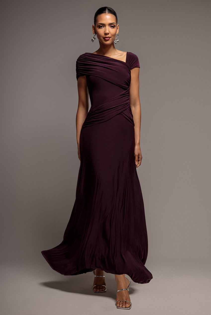 Goddiva ASYMMETRIC NECK GATHERED WAIST MAXI DRESS BY GODDIVA