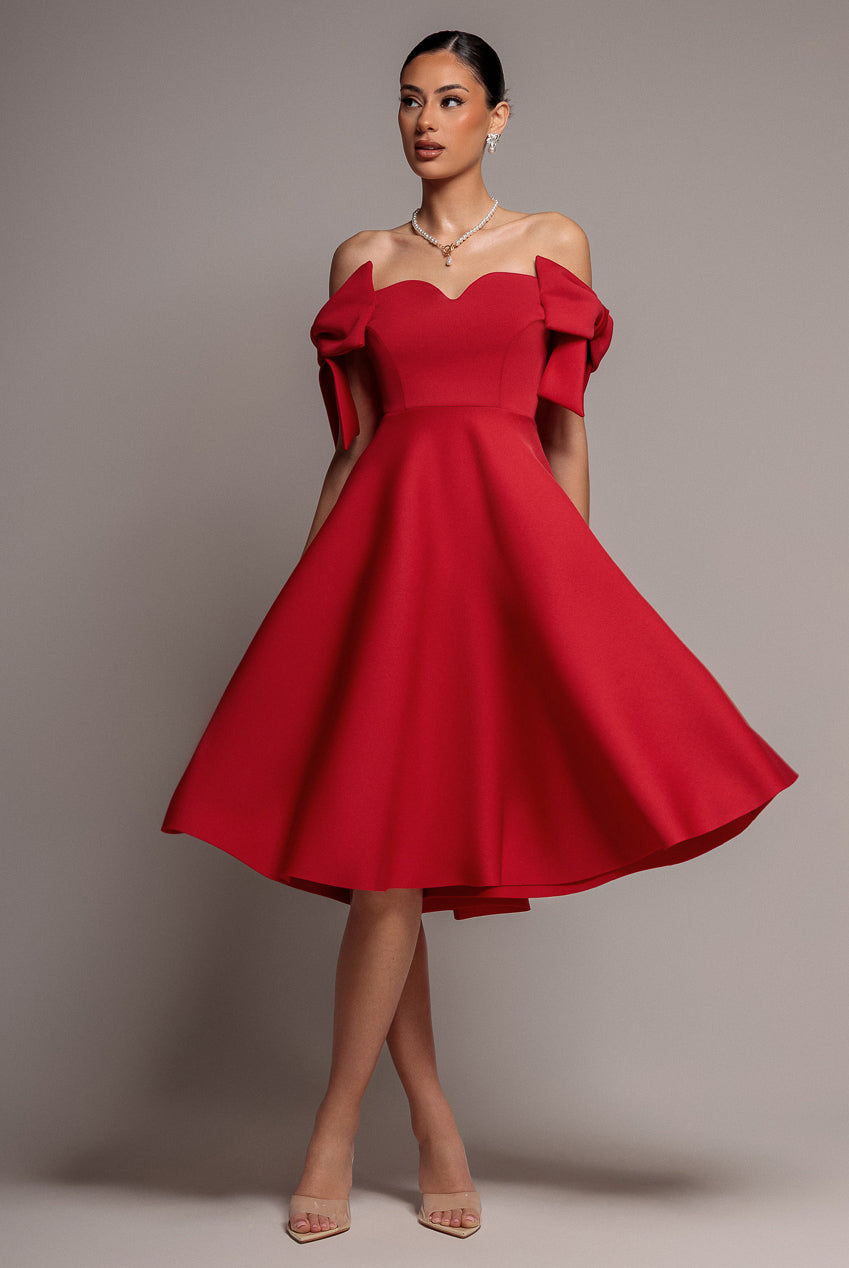 Goddiva BARDOT PLUNGE NECK BOW SLEEVE A LINE MIDI DRESS BY GODDIVA