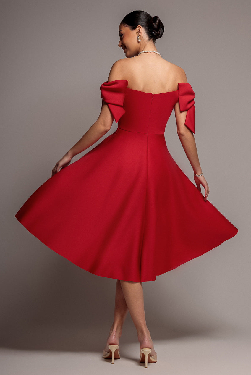 Goddiva BARDOT PLUNGE NECK BOW SLEEVE A LINE MIDI DRESS BY GODDIVA