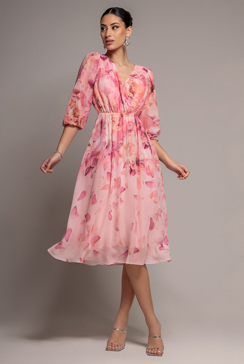 Goddiva FLORAL PRINT WRAP A LINE MIDI DRESS BY GODDIVA