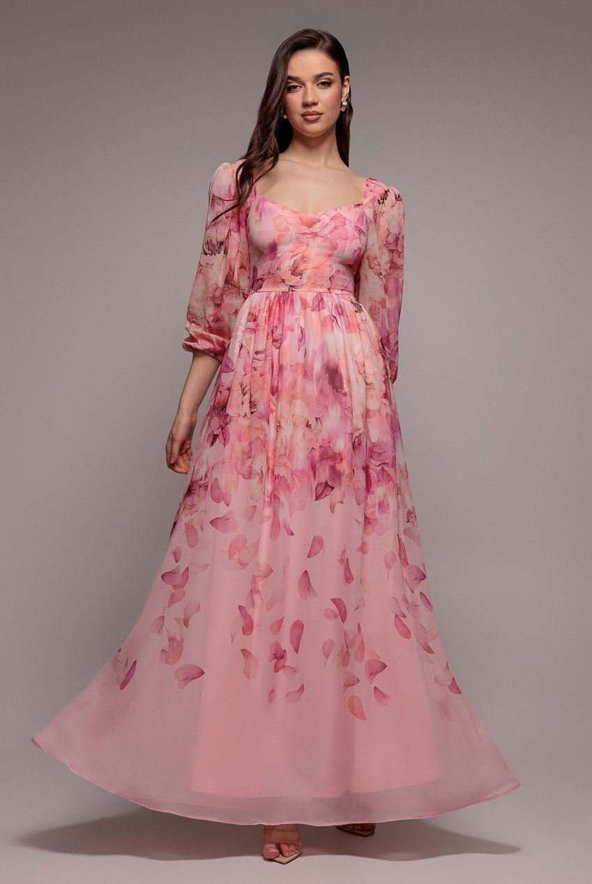 Goddiva FLORAL PRINT SHIRRED BACK A LINE MAXI DRESS BY GODDIVA
