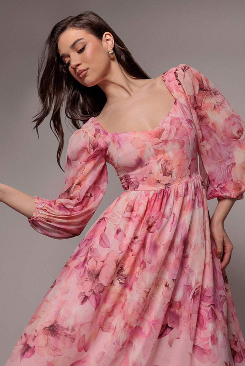 Goddiva FLORAL PRINT SHIRRED BACK A LINE MAXI DRESS BY GODDIVA