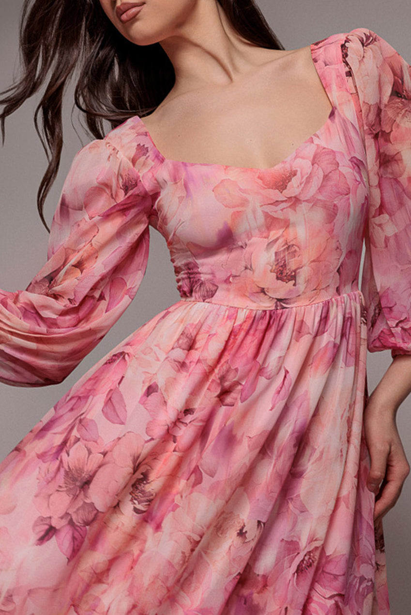 Goddiva FLORAL PRINT SHIRRED BACK A LINE MAXI DRESS BY GODDIVA