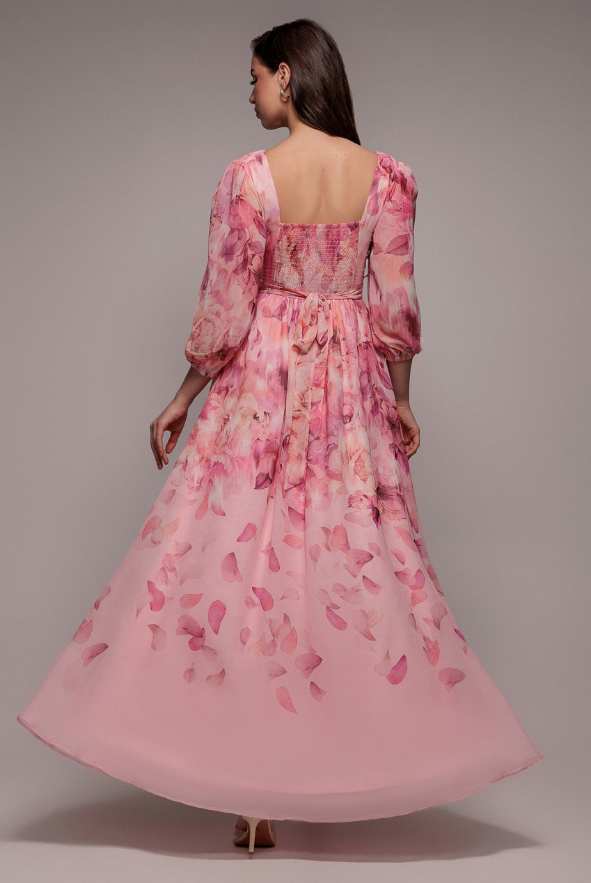 Goddiva FLORAL PRINT SHIRRED BACK A LINE MAXI DRESS BY GODDIVA