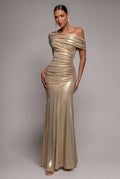 Goddiva FOIL PLEATED ONE SHOULDER BARDOT FIT AND FLARE MAXI DRESS BY GODDIVA