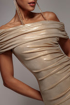 Goddiva FOIL PLEATED ONE SHOULDER BARDOT FIT AND FLARE MAXI DRESS BY GODDIVA
