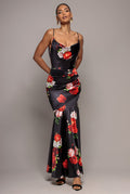 Floral Print Satin Cowl Neck Maxi Dress - Black by Goddiva - DR5191