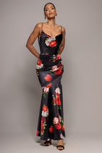 Floral Print Satin Cowl Neck Maxi Dress - Black by Goddiva - DR5191