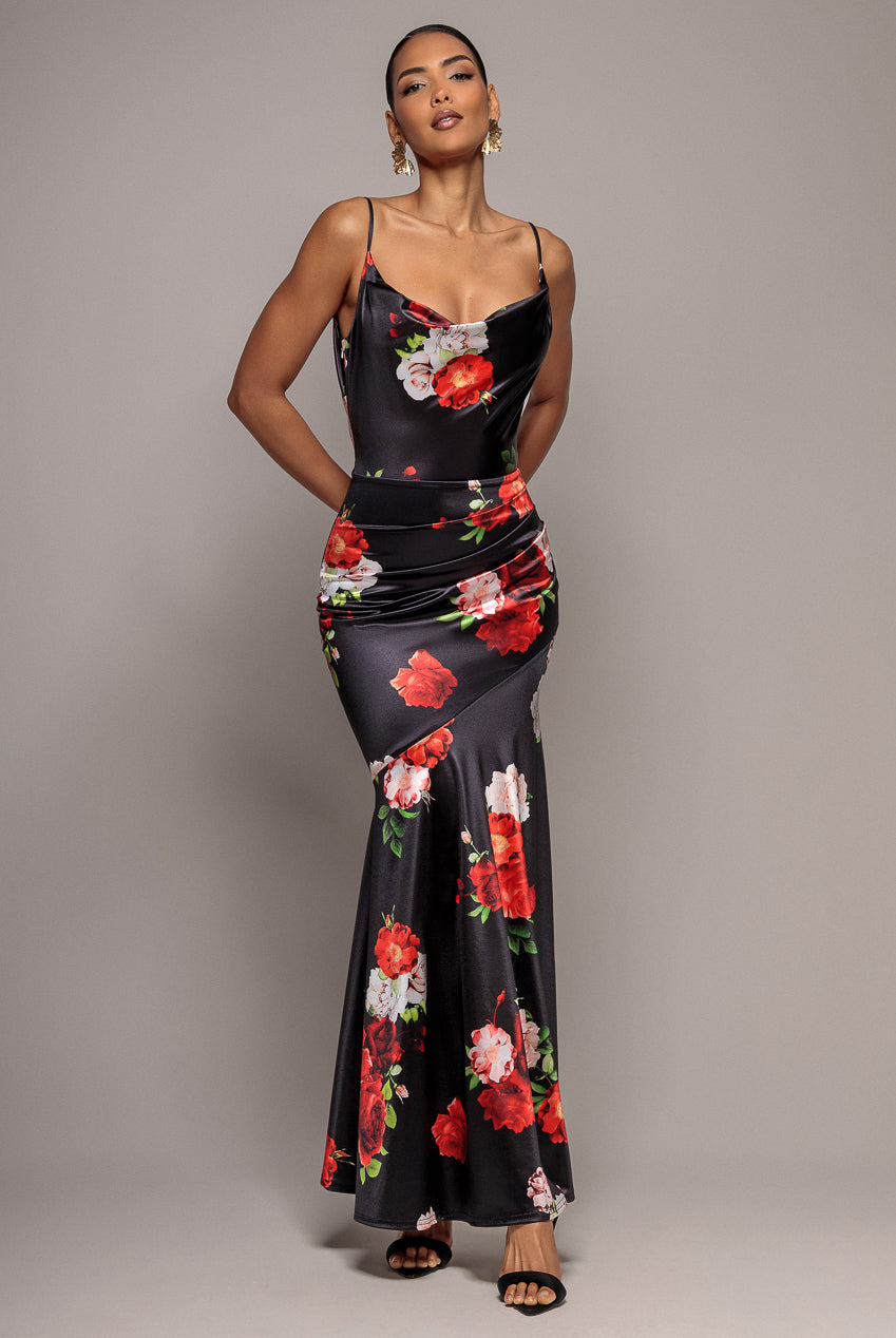 Floral Print Satin Cowl Neck Maxi Dress - Black by Goddiva - DR5191