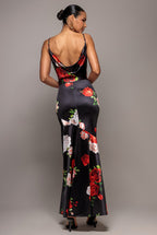 Floral Print Satin Cowl Neck Maxi Dress - Black by Goddiva - DR5191