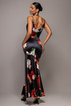 Floral Print Satin Cowl Neck Maxi Dress - Black by Goddiva - DR5191