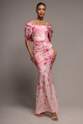 Goddiva PRINTED OFF SHOULDER SATIN BOW BACK MAXI DRESS BY GODDIVA
