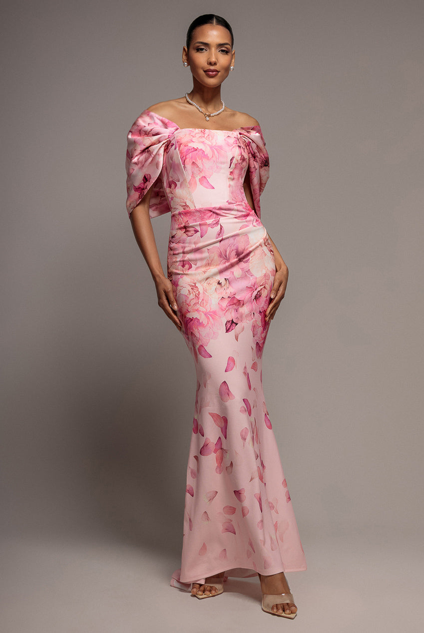 Goddiva PRINTED OFF SHOULDER SATIN BOW BACK MAXI DRESS BY GODDIVA