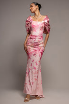 Goddiva PRINTED OFF SHOULDER SATIN BOW BACK MAXI DRESS BY GODDIVA