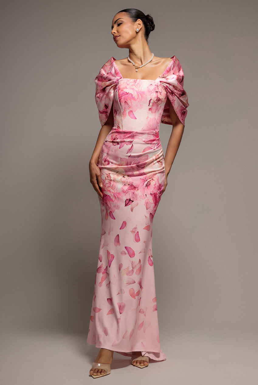 Goddiva PRINTED OFF SHOULDER SATIN BOW BACK MAXI DRESS BY GODDIVA