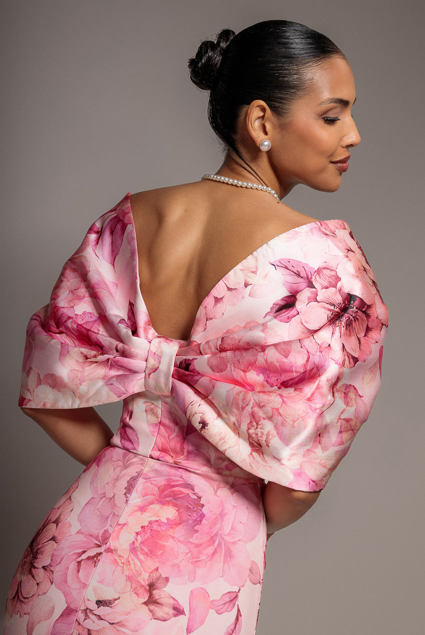Goddiva PRINTED OFF SHOULDER SATIN BOW BACK MAXI DRESS BY GODDIVA