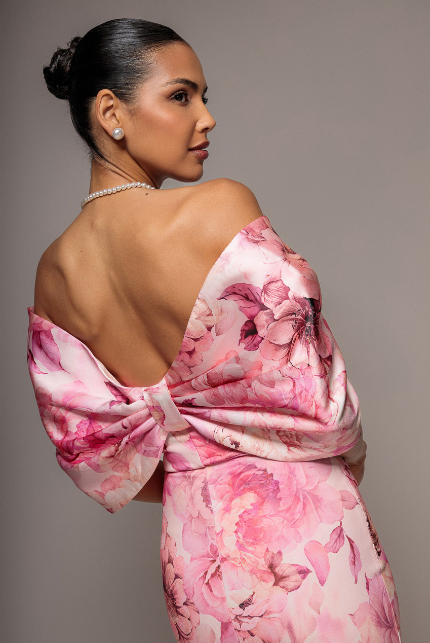 Goddiva PRINTED OFF SHOULDER SATIN BOW BACK MAXI DRESS BY GODDIVA