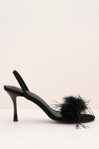 Margot Feathered Trim Band Slingback Heeled Sandals In Black by Miss Diva - P 1487 BLK