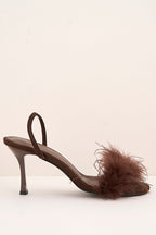 Margot Feathered Trim Band Slingback Heeled Sandals In Brown by Miss Diva - P 1487 BRN