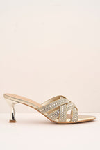 Elsie Gemstone Embellished Crossover Strap Kitten Heel Mules In Gold by Miss Diva - 3757 BU40 GOL