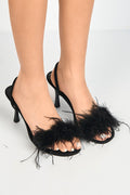 Margot Feathered Trim Band Slingback Heeled Sandals In Black by Miss Diva - P 1487 BLK