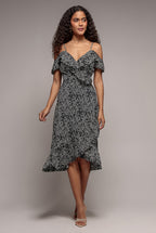 Spaghetti Strap Polka Dot Wrap Midi Dress - Black White by Goddiva - GCD2236