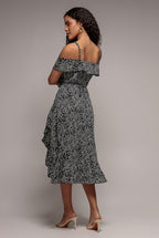 Spaghetti Strap Polka Dot Wrap Midi Dress - Black White by Goddiva - GCD2236