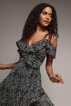 Spaghetti Strap Polka Dot Wrap Midi Dress - Black White by Goddiva - GCD2236