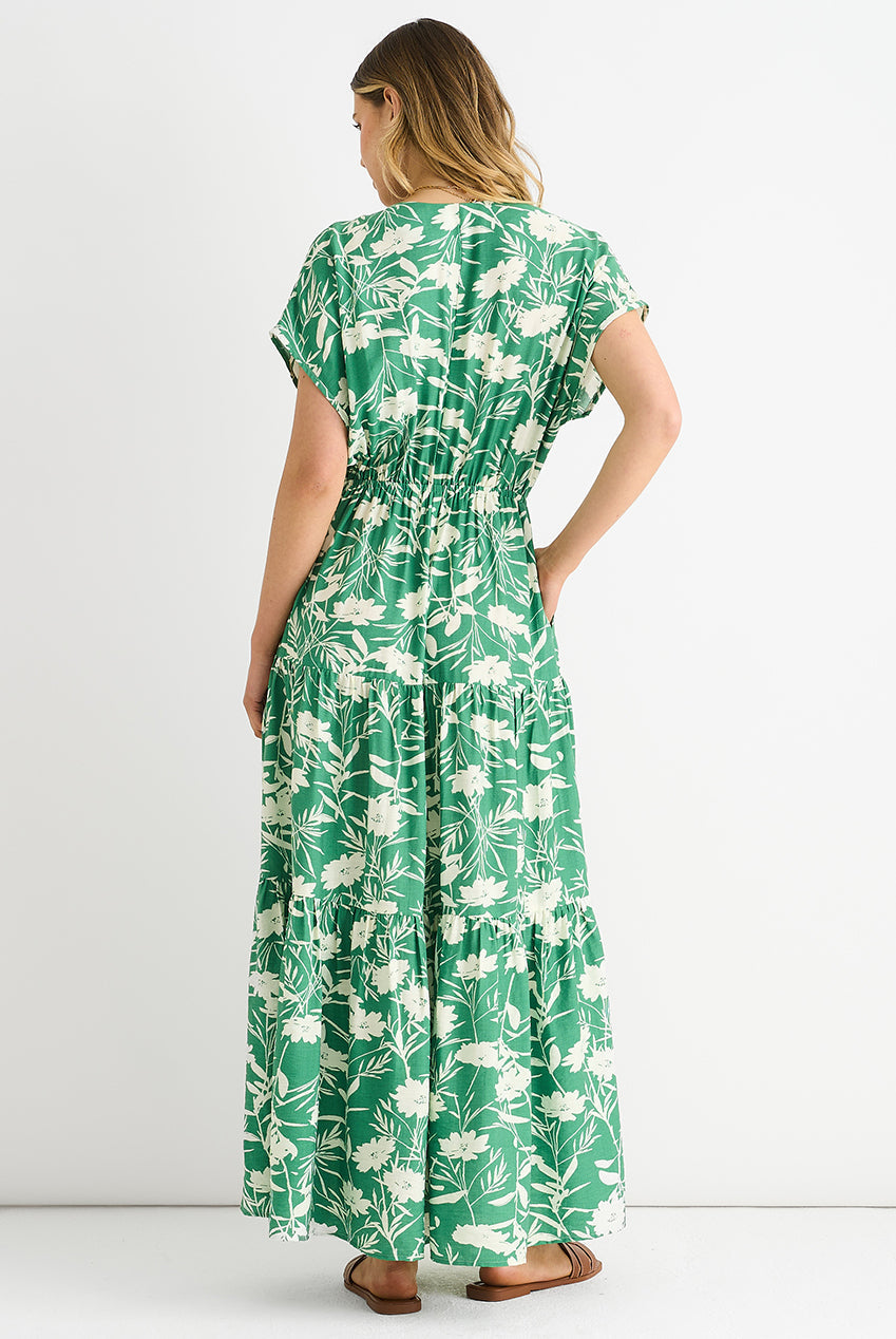 Green Floral Elastic Waist Maxi Dress by Gini London - GL1245