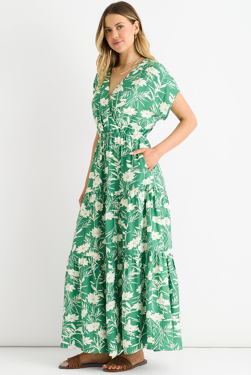 Green Floral Elastic Waist Maxi Dress by Gini London - GL1245