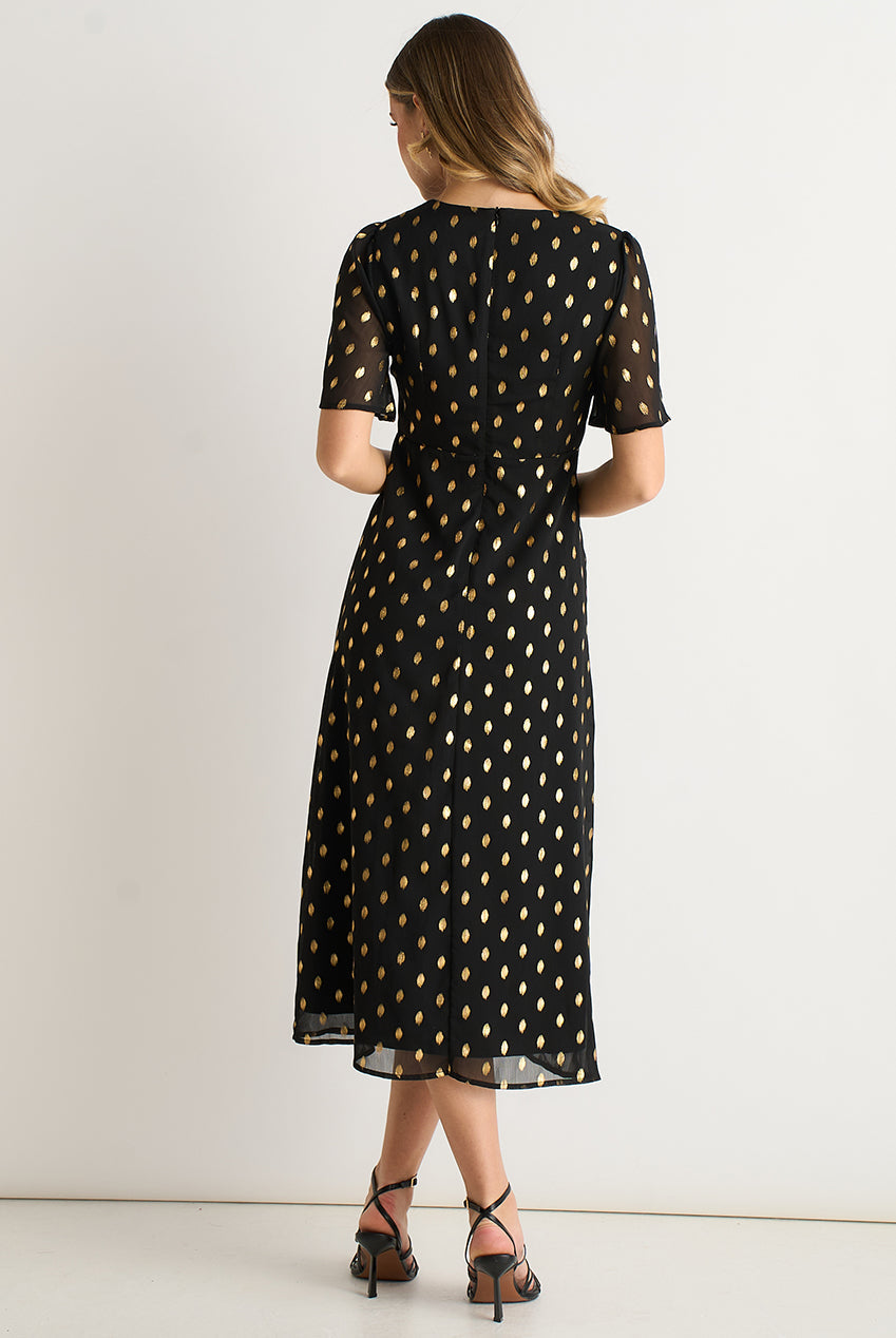 Black V Neck Foil Midi Skater Dress by Gini London - GL1816