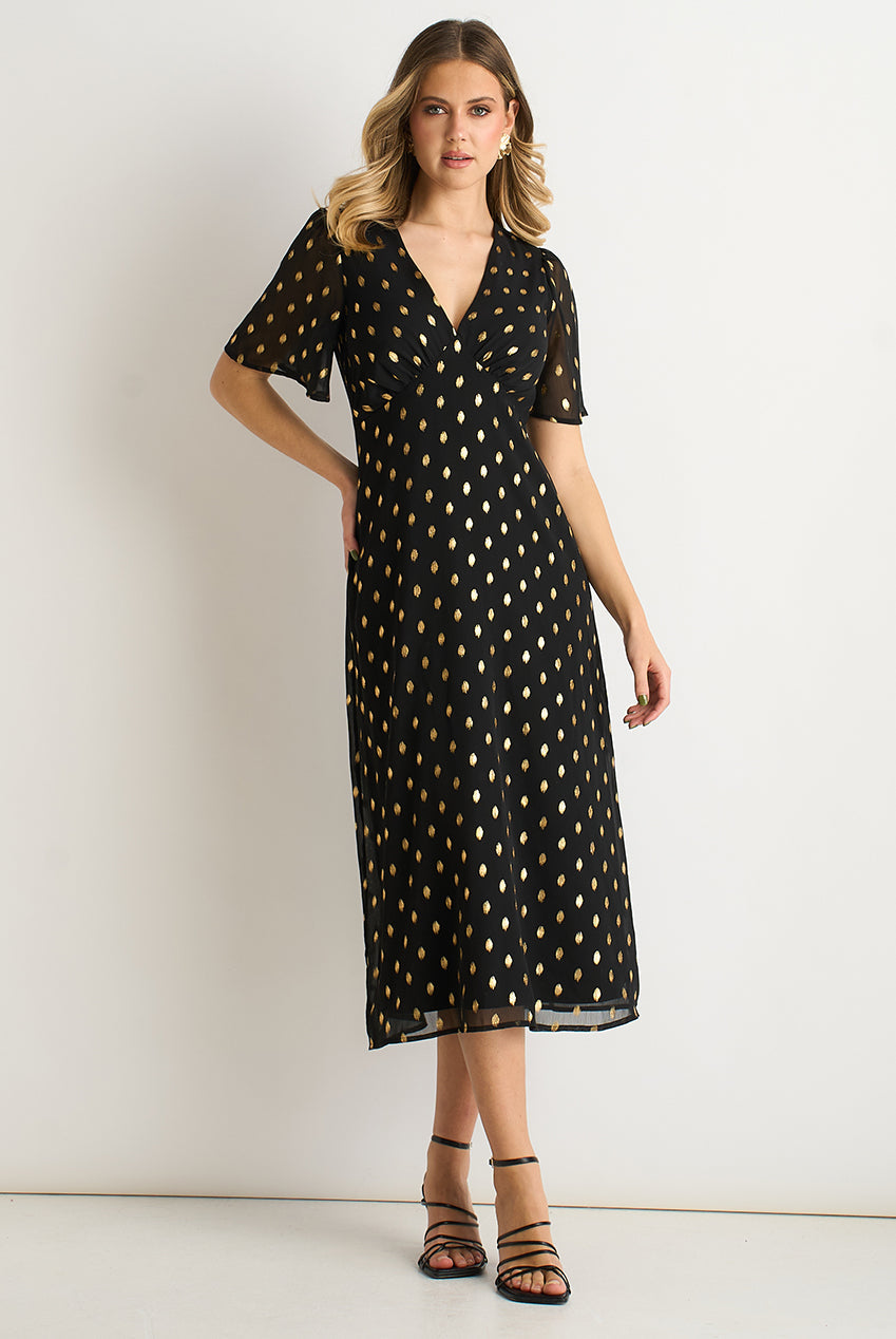 Black V Neck Foil Midi Skater Dress by Gini London - GL1816