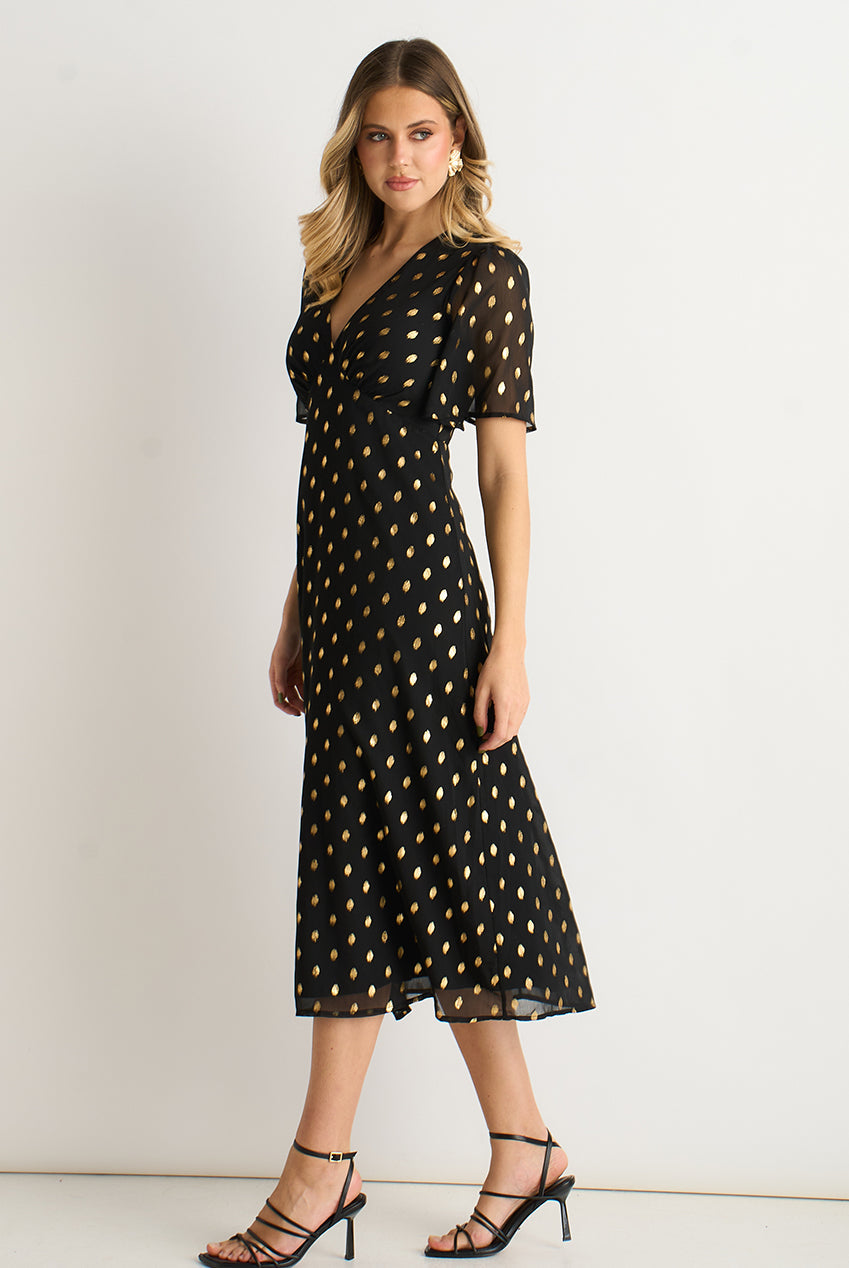 Black V Neck Foil Midi Skater Dress by Gini London - GL1816