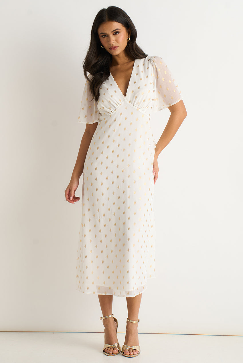 White V Neck Foil Midi Skater Dress by Gini London - GL1816