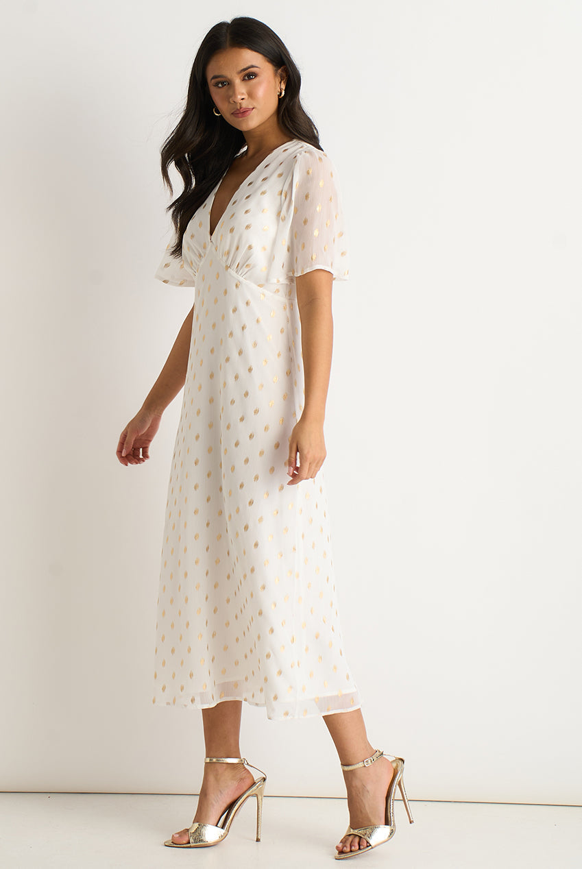 White V Neck Foil Midi Skater Dress by Gini London - GL1816