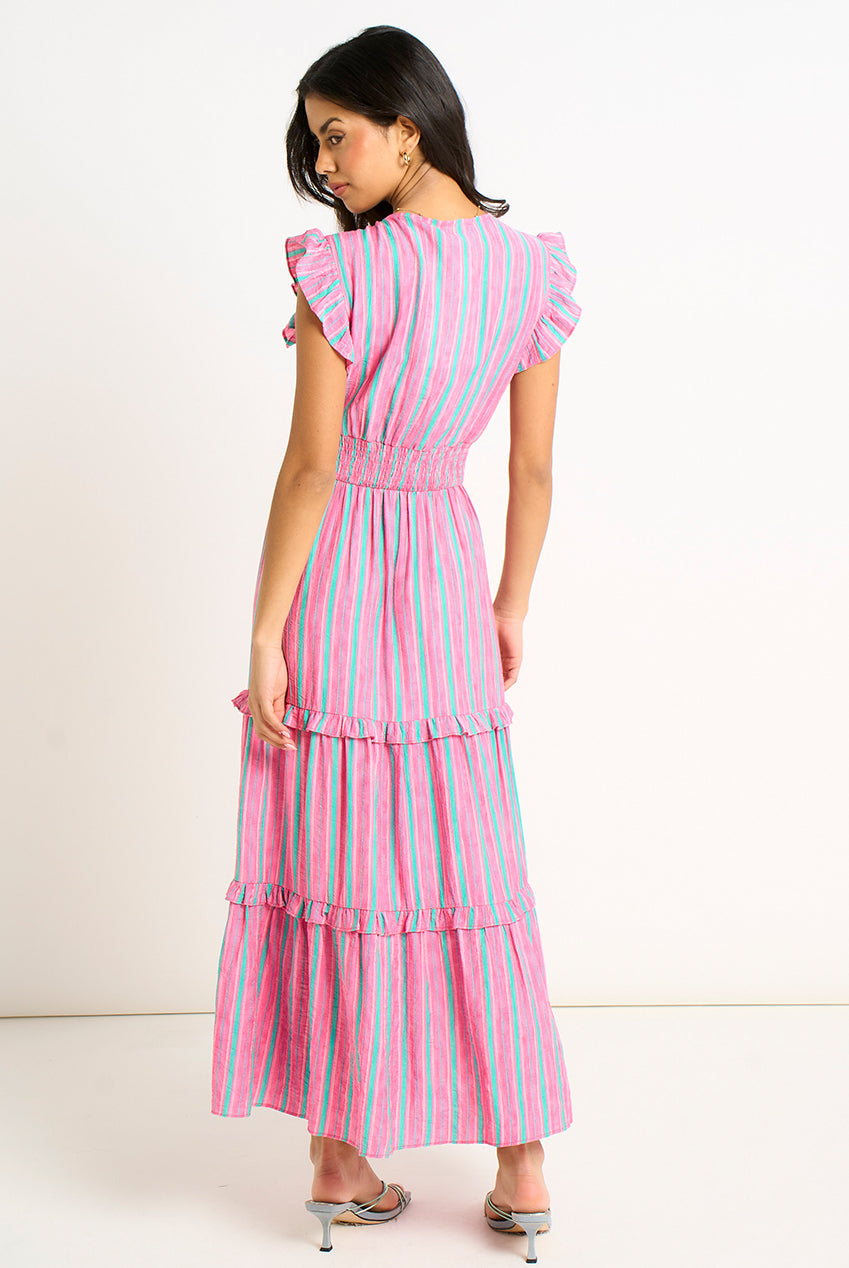 Pink Summer Stripe Shirred Waist Maxi Dress by Gini London - GL2070