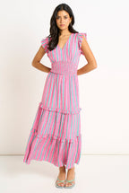 Pink Summer Stripe Shirred Waist Maxi Dress by Gini London - GL2070