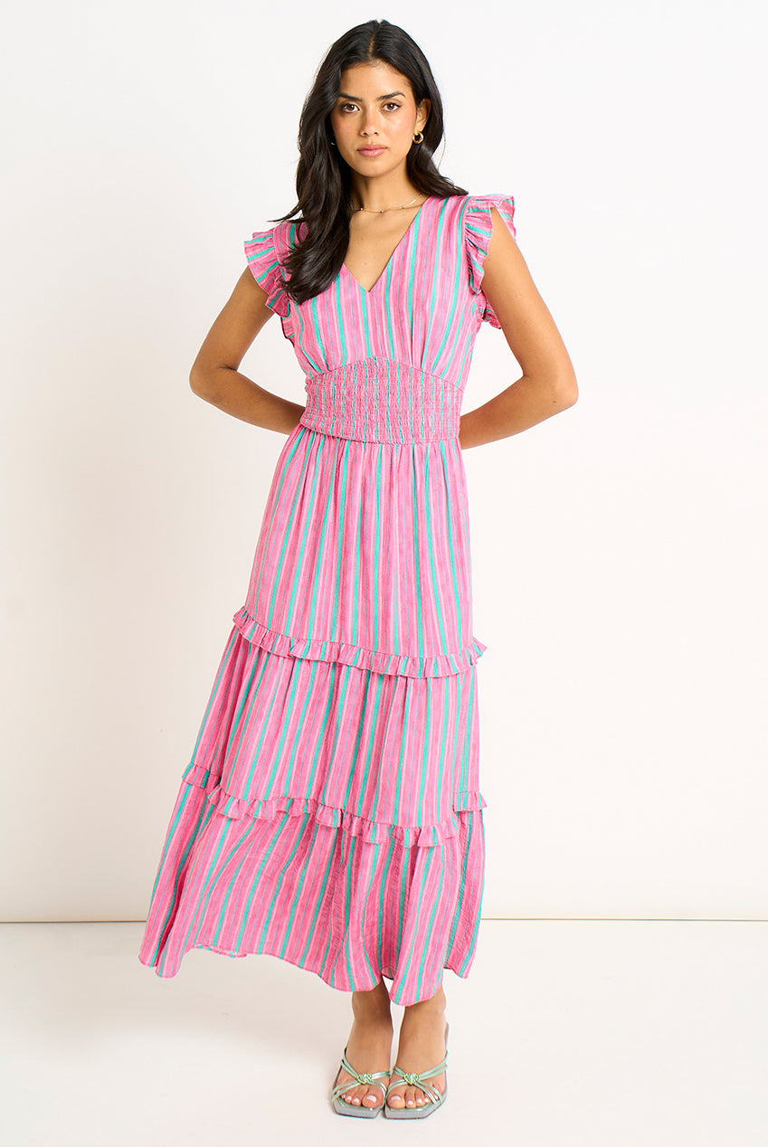 Pink Summer Stripe Shirred Waist Maxi Dress by Gini London - GL2070
